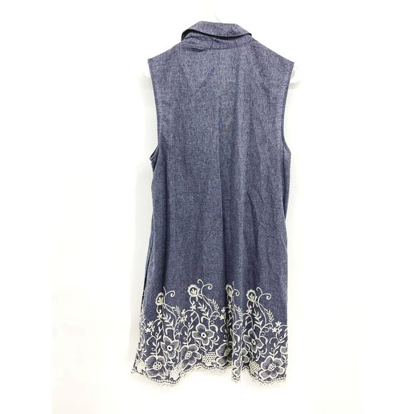 Sharagano Women's Lace Trim Embroidered Sleeveless Denim Look Blue Dress Size 14 - Picture 2 of 4